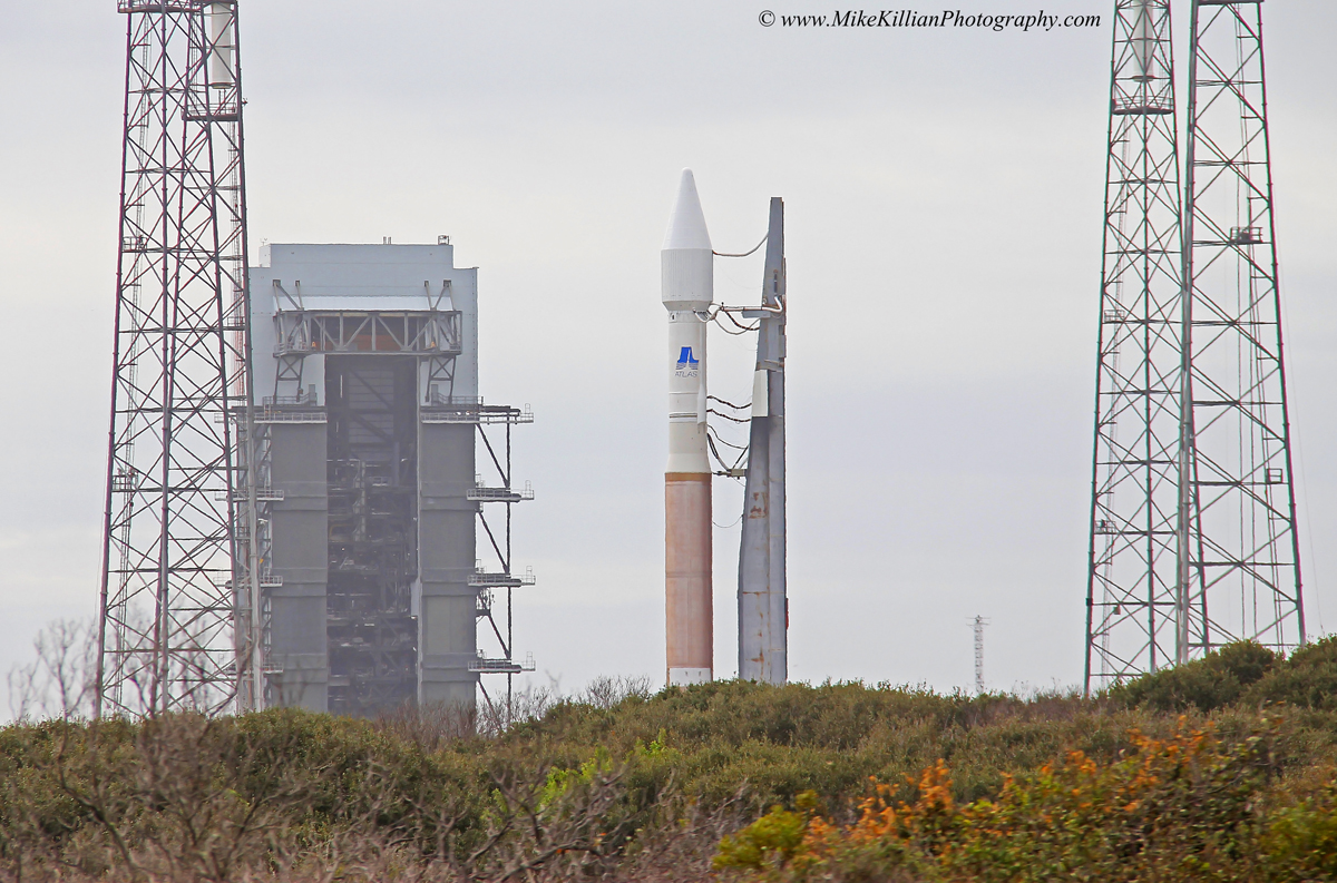 The Atlas-V rocket with NASA's MAVEN spacecraft onboard minute after arriving at the launch pad Saturday afternoon.  Photo Credit: AmericaSpace / Mike Killian
