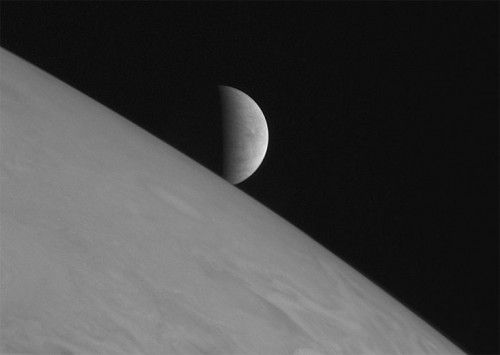 An enchanting image of Europa hanging above Jupiter's limb, as seen by the New Horizons probe in 2007, on its way to Pluto. When will we return there and answer one of the most important questions ever asked: Is there life beyond Earth? Image credit: NASA/Johns Hopkins University Applied Physics Laboratory/Southwest Research Institute 