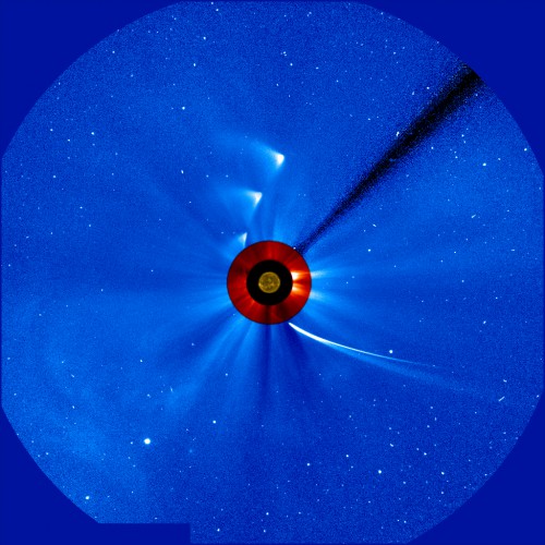 "Timelapse" series of images of comet ISON as viewed by ESA/NASA's Solar and Heliospheric Observatory, or SOHO. This image is a composite, with the sun imaged by NASA's Solar Dynamics Observatory in the center, and SOHO's two coronagraphs showing the solar atmosphere, the corona. The most recent image in this is from 5:30 p.m. EST on Nov. 29, 2013.  Image and caption credit: ESA/NASA/SOHO/SDO