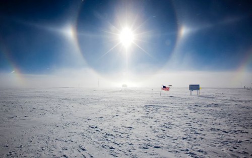 Halos forming around the Sun during the summer, directly above the geographic South Pole. Image Credit: Deven Stross, National Science Foundation.
