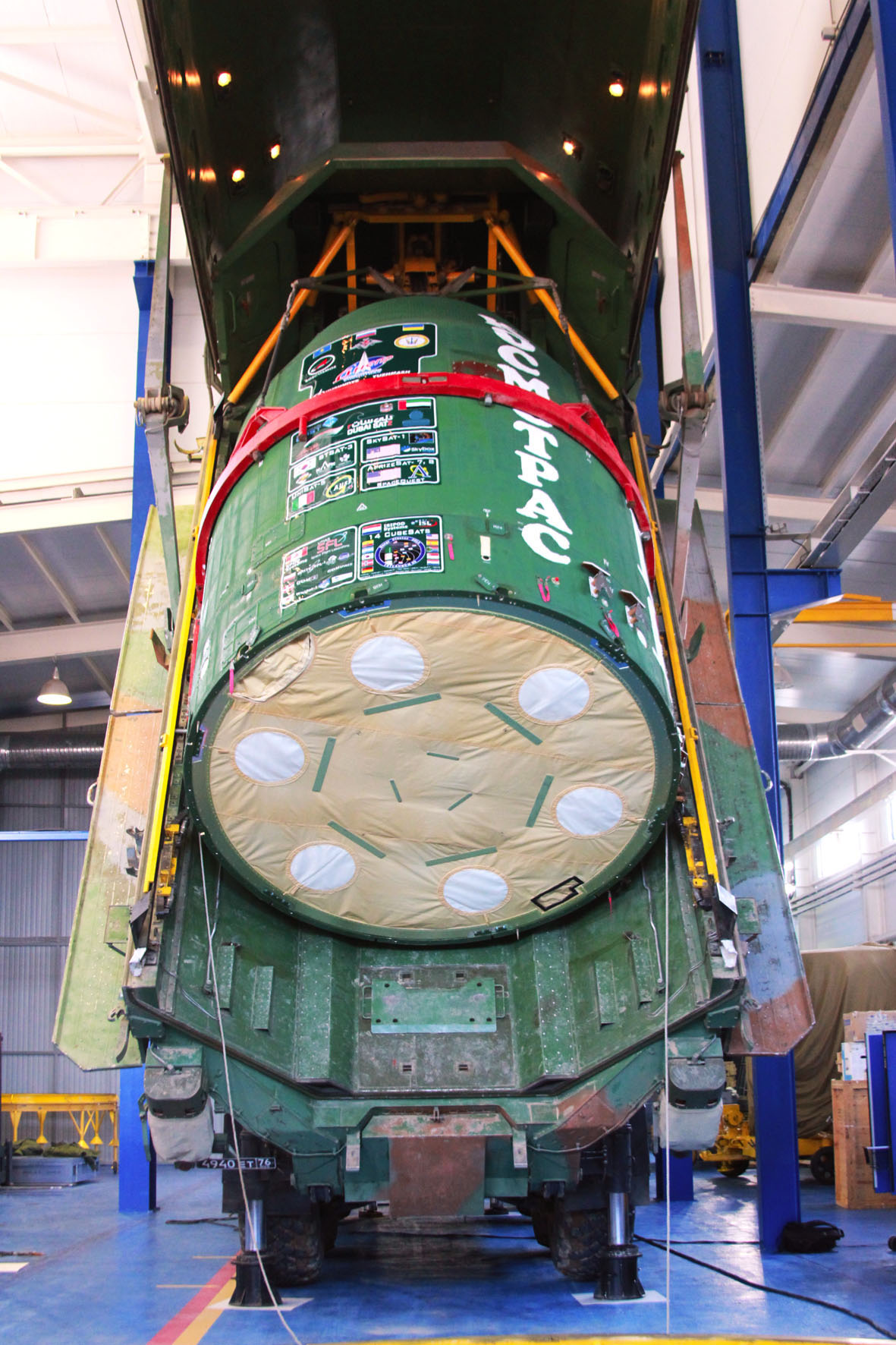 The Space Head Module (SHM) is prepared for installation atop the Dnepr launch vehicle for the forthcoming flight of a record-breaking 32 satellites. Photo Credit: ISC Kosmotras