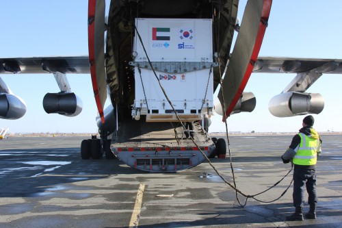 The DubaiSat-2 and STSat-3 payloads arrive at the Yasny launch site on 18 October. Photo Credit: Kosmotras