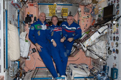 Soyuz TMA-09M crew members (from left) Luca Parmitano, Karen Nyberg and Fyodor Yurchikhin will bring the Olympic torch back to Earth on Sunday, 10 November. Photo Credit: NASA