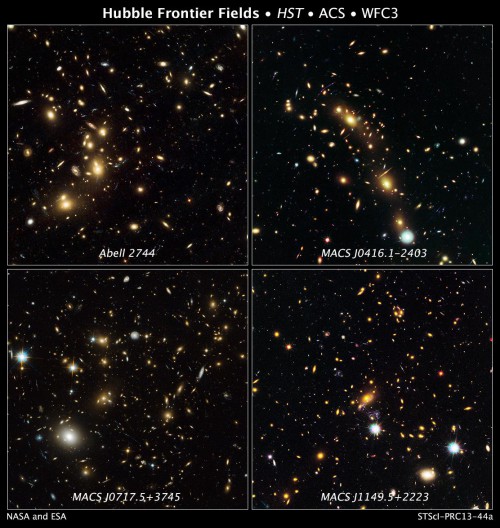 A collection of Hubble images, showing the first four galaxy clusters that will be observed with NASA's Great Observatories, in the course of the Frontier Fields program.  Credit: NASA, ESA, and J. Lotz and M. Mountain (STScI) 