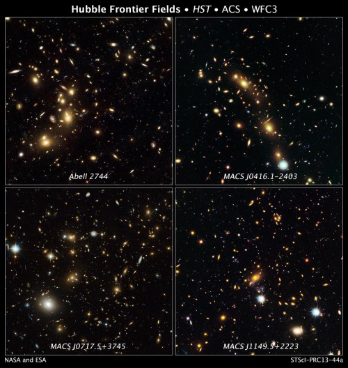 A collection of Hubble images, showing the first four galaxy clusters that will be observed with NASA's Great Observatories, in the course of the Frontier Fields program. Credit: NASA, ESA, and J. Lotz and M. Mountain (STScI)