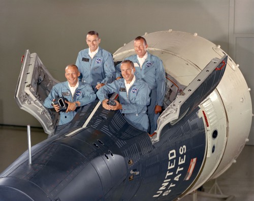 Gemini XII prime crewmen Jim Lovell (front right) and Buzz Aldrin (front left) were assigned the task of closing out Project Gemini. Behind them are backup crewmen Gene Cernan (left) and Gordon Cooper. Photo Credit: NASA