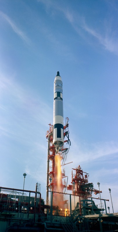 Jim Lovell and Buzz Aldrin roar into orbit, atop their Titan II booster from Cape Kennedy's Pad 19 on 11 November 1966. Photo Credit: NASA