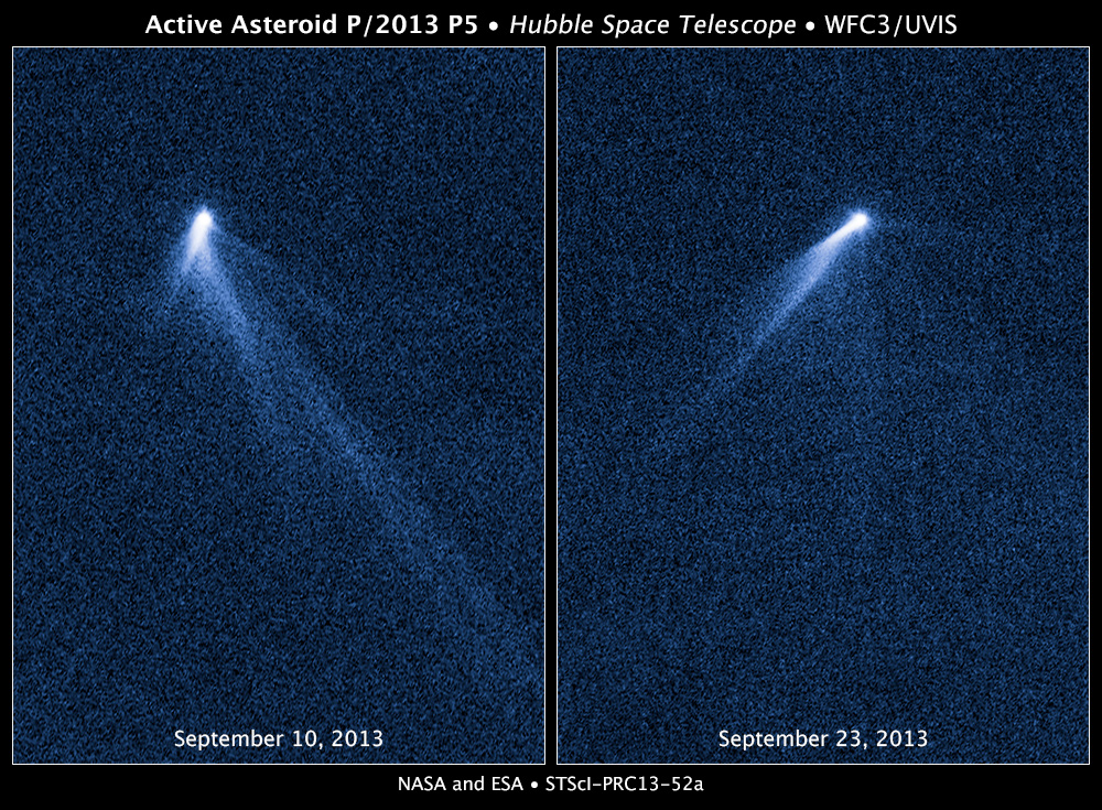 A never-before-seen set of six comet-like tails radiating from a body in the asteroid belt, designated P/2013 P5.  Photo Credit: NASA, ESA, and D. Jewitt (UCLA)
