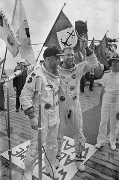 Jim Lovell (right) and Buzz Aldrin greet the crew of the U.S.S. Wasp after their epic four-day space voyage. Photo Credit: NASA