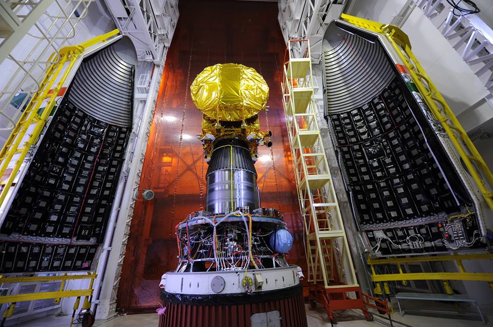India's Mars Orbiter Mission (MOM) spacecraft, also known as "Mangalyaan" (Hindi for "Mars Craft"), is encapsulated within its payload shroud. Its successful entry into Mars orbit made India the fourth nation, or group of nations, to successfully send a home-grown spacecraft to the Red Planet. Photo Credit: ISRO