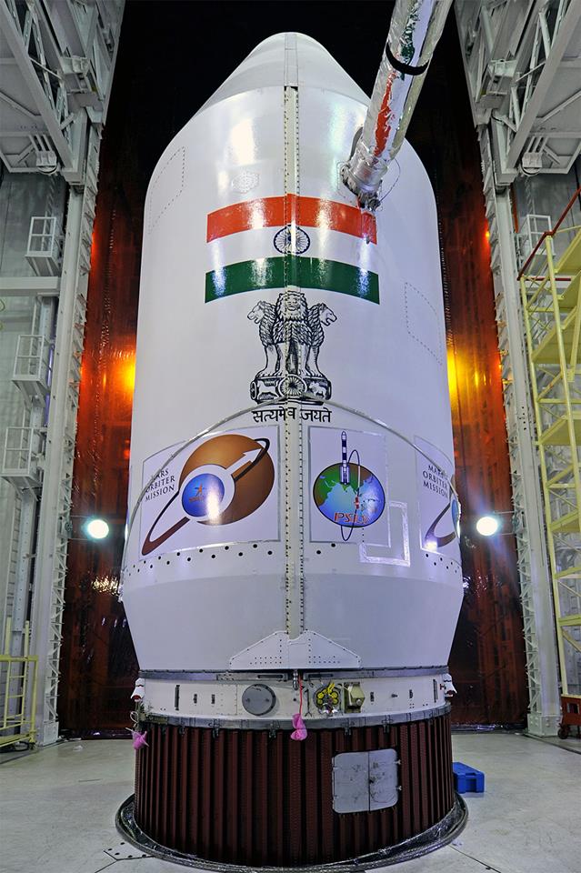 Fully encapsulated within its bulbous payload shroud, India's first mission to Mars awaits its date with destiny. Liftoff is scheduled for 2:38 p.m. IST (4:08 a.m. EST) Tuesday, 5 November. Photo Credit: ISRO