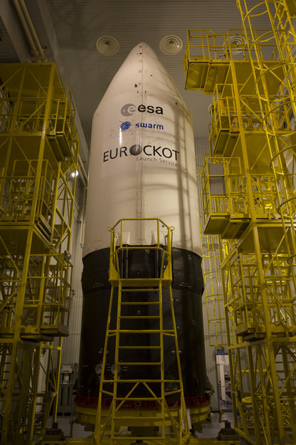 Sealed within its payload fairing atop the Rockot, the Swarm satellites and their Briz-KM upper stage are now in the final hours ahead of liftoff. Photo Credit: ESA