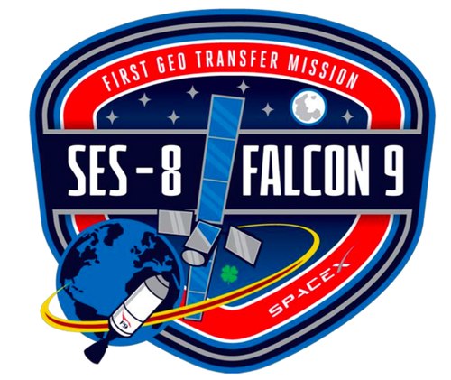 SpaceX's SES-8 patch highlights the fact that this will be the company's first foray into geostationary transfer orbit. Image Credit: SpaceX