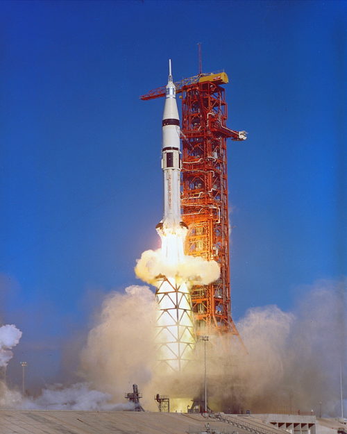Boosted aloft atop a Saturn IB rocket, and utilizing a special "milk stool" to raise its umbilical connections to the proper levels on the Pad 39B gantry, the third and final Skylab crew takes flight on 16 November 1973. Photo Credit: NASA