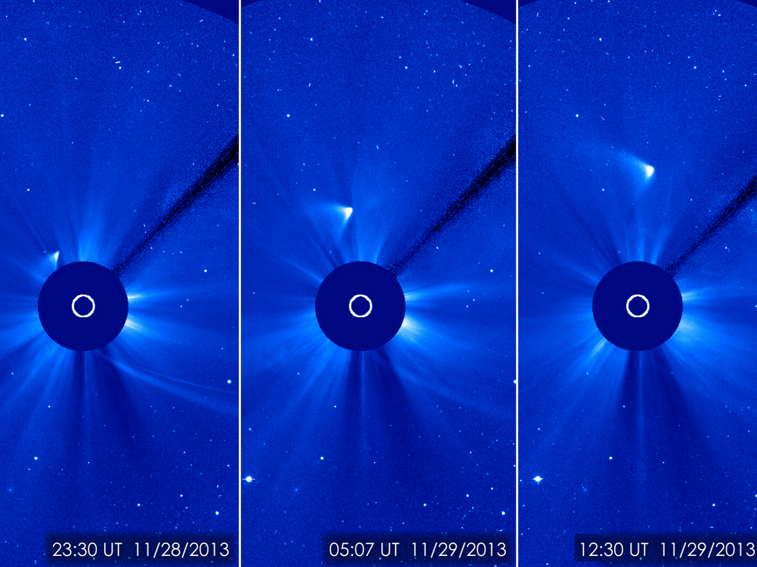 ISON appears as a white smear heading up and away from the sun. ISON was not visible during its closest approach to the sun, so many scientists thought it had disintegrated, but images like this one from the ESA/NASA Solar and Heliospheric Observatory suggest that a small nucleus may be intact.  Image and caption credit: ESA/NASA/SOHO/GSFC