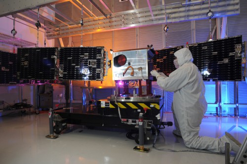 The STPSat-3 payload undergoes clean room checkout in 2012. Photo Credit: Ball Aerospace