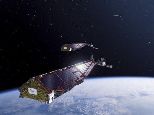 Artist's concept of the Swarm satellites in orbit. Image Credit: ESA