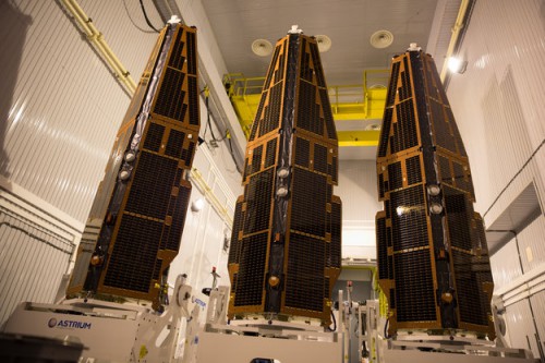 All lined up for integration with their payload fairing, the three Swarm satellites are trapezoidal in shape and will be delivered into orbit simultaneously by the Briz-KM upper stage. Photo Credit: ESA