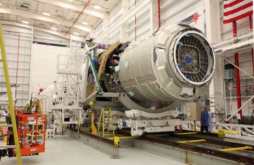 Orbital's Cygnus spacecraft being attached to its Antares rocket which will launch it on a mission to deliver cargo to the International Space Station.  Photo Credit: Orbital Sciences Corporation