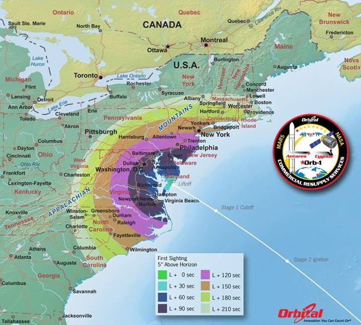 This map shows the rough time at which you can first expect to see Antares after it is launched. It represents the time at which the rocket will reach 5 degrees above the horizon and varies depending on your location .  Image Credit: Orbital Sciences Corporation