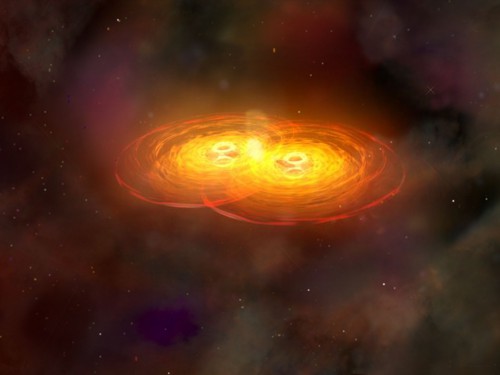 An artist's concept of two colliding black holes, in the process of merging. Image Credit: Credit: NASA / CXC / A. Hobart.