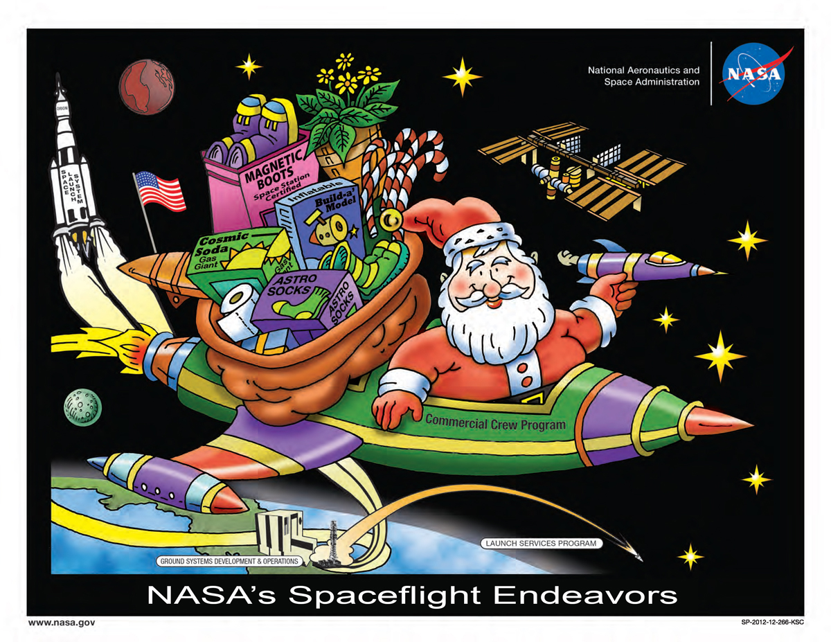 Kennedy Space Center's 2012 holiday poster, depicting Santa Claus and NASA's spaceflight endeavors. Image Credit: NASA