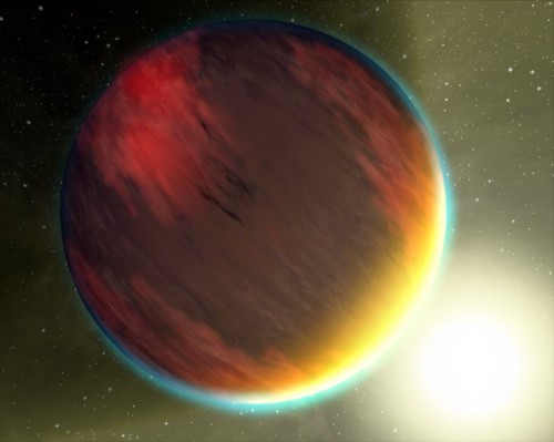 An artists concept of extrasolar planet HD 209458b. A recent study discovered traces of water in the planet's atmosphere, using the Hubble Space Telescope. Image Credit: NASA.