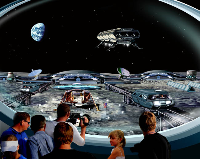 Visitors to the Traquility Base Memorial Center, view the Apollo 11 landing site. Is space settlement a spread of life into the Cosmos, or a spread of pollution and disease? Image Credit: National Space Society/Bill Wright