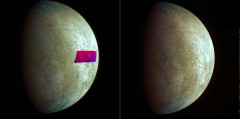 This image, using data from NASA's Galileo mission, shows the first detection of clay-like minerals on the surface of Jupiter's moon Europa. The clay-like minerals appear in blue in the false-color patch of data from Galileo's Near-Infrared Mapping Spectrometer. Surfaces richer in water ice appear in red. The background image is a mosaic of images from Galileo's Solid State Imaging system in the colors that human eyes would see. A version of the image without the infrared area is on the right. Image Credit/Caption: NASA/JPL-Caltech/SETI.