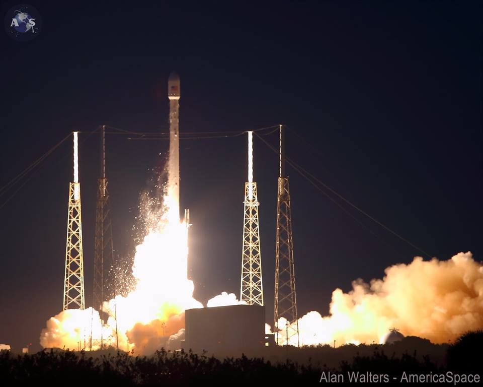 Under the impulse of its nine first-stage engines, the Falcon 9 v1.1 takes flight. Photo Credit: AmericaSpace / Alan Walters (www.AWaltersPhoto.com)
