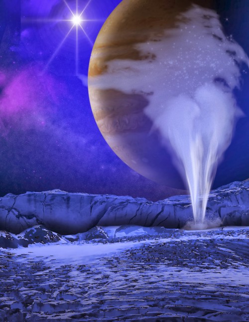 An artist's concept of the water plumes on the south pole of Europa, discovered by recent ultraviolet observations from the Hubble Space Telescope. Image Credit: NASA/ESA/K. Retherford/SWRI