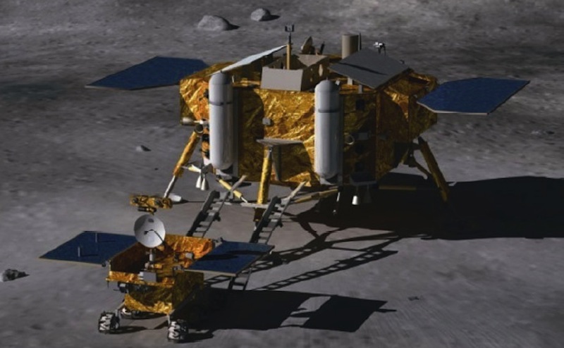 An artist's concept of the Chang'e 3 lunar lander and its smaller Yutu rover, also named "Jade Rabbit", on the surface of the moon.  Image Credit:  Beijing Institute of Spacecraft System Engineering