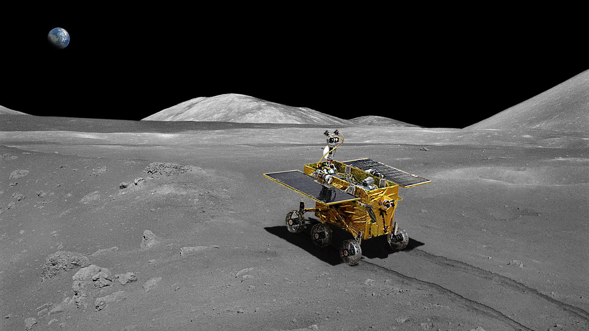 An artists concept of Yutu exploring the surface of the moon, looking back towards the home from where it came.  Image Credit: China National Space Administration