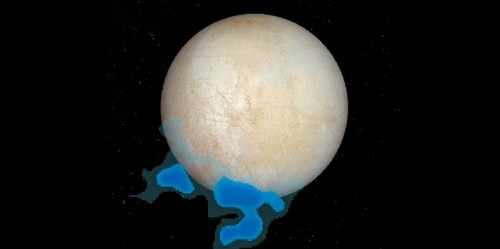 The location of the water plumes observed in the ultraviolet on Europa's south pole, superimposed on a visible light photograph of the moon. Image Credit: NASA/ESA/L. Roth/SWRI/University of Cologne