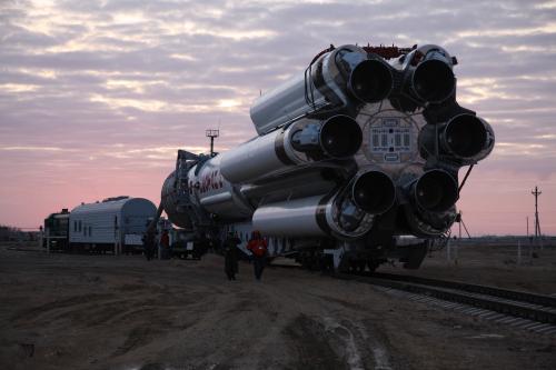 The three-stage Proton-M booster rolls out, ahead of Sunday's planned Inmarsat 5-F1 launch. Photo Credit: ILS