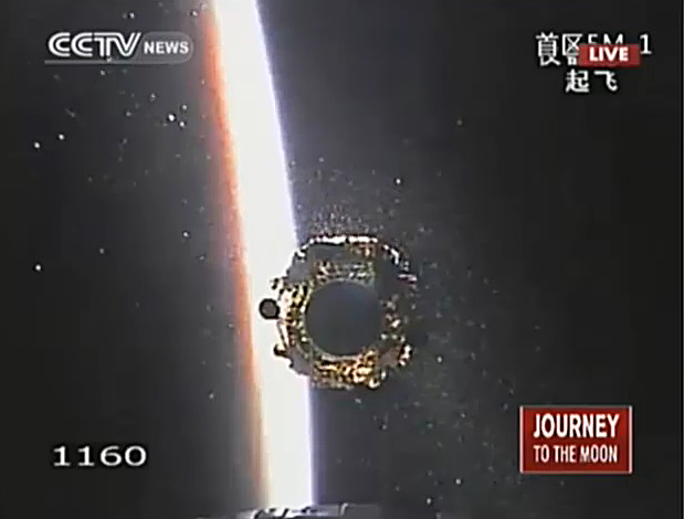 Successful seperation of Chang'e 3 and China's Yutu lunar rover from the Long March-3B rocket's third stage as the sun rises over the Pacific Ocean minutes after launch.  Image Credit: CCTV 