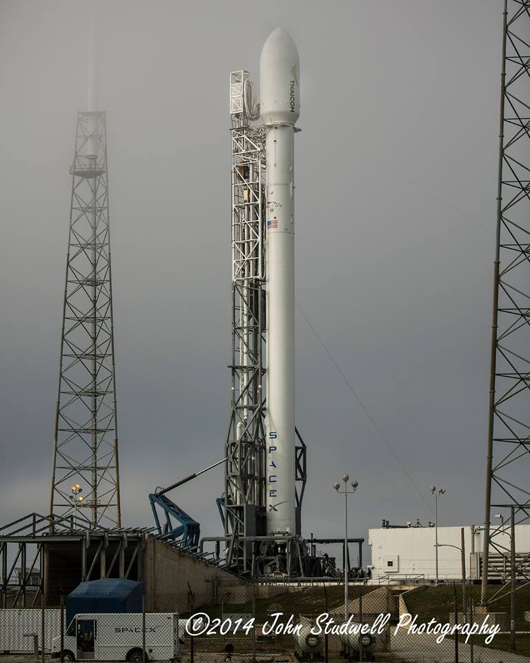 A SpaceX Falcon 9 v1.1 rocket ready to launch the Thaicom-6 satellite from Cape Canaveral, FL tonight at 5:06 p.m. EST. The flight will be the third for the company's new v1.1 rocket. Photo Credit: AmericaSpace / John Studwell