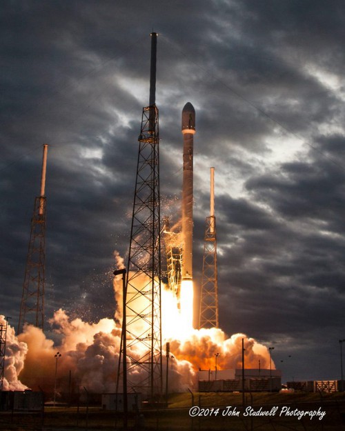 The launch of Thaicom-6 atop a SpaceX Falcon-9 v1.1 rocket from Cape Canaveral Air Force Station in January 2014. The CRS-3 mission represents the fourth launch of the Falcon 9 v1.1. Photo Credit: AmericaSpace / John Studwell