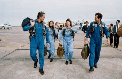 Commander Dick Scobee (right) and Pilot Mike Smith, pictured with Barbara Morgan and Christa McAuliffe during training. Photo Credit: NASA