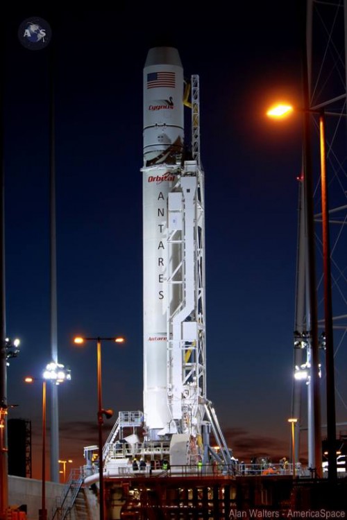 Antares on the pad with Cygnus in Wallops, VA. Photo Credit: Alan Walters / AmericaSpace