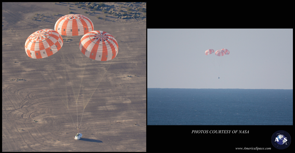 The SpaceX main parachutes control the descent of the Dragon test article (RIGHT) following a drop test over the Pacific Ocean, off the coast of Morro Bay, Calif.  On the left a test version of NASA’s Orion spacecraft touches down in the Arizona desert after its most complicated parachute test to date.  Photos Credit: NASA
