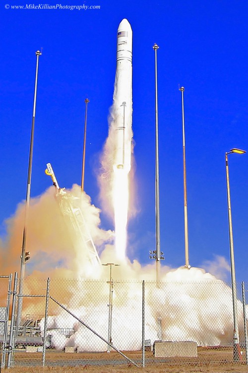 Orbital's Antares rocket launching their Cygnus spacecraft to the ISS on the company's first contracted resupply mission for NASA last Jan.  Photo Credit: AmericaSpace / Mike Killian