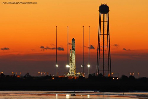 This launch marked the third flight of the Antares vehicle, following its A-ONE test mission in April 2013 and the ORB-D demonstration mission to the International Space Station last September. Antares represents Orbital Sciences' first home-grown liquid-fuelled launch vehicle. Photo Credit: Mike Killian Photography/AmericaSpace