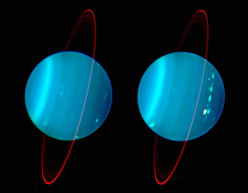 A composite photo of Uranus taken from the Keck Observatory at near-infrared wavelengths, in 2004. White bright spots are easily seen throughout the planet's face, showcasing a dynamic and ever-changing atmosphere. Image Credit: Lawrence Sromovsky, University of Wisconsin-Madison/ W. M. Keck Observatory