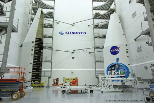 The two halves of TDRS-L's payload shroud, pictured in the Astrotech facility, ahead of encapsulation. Photo Credit: Mike Killian Photography/AmericaSpace