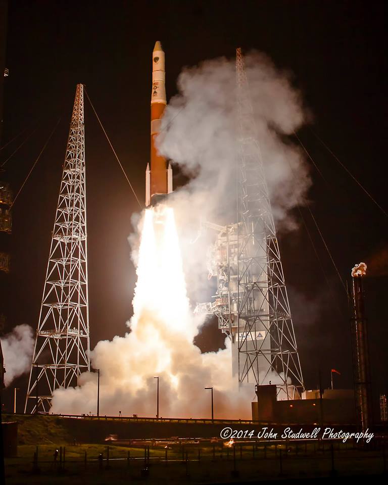 United Launch Alliance (ULA) successfully returned its workhorse Delta IV launch vehicle to operational service on Feb. 20, 2014, with the rousing 8:59 p.m. EST liftoff of a key mission to insert the Global Positioning System (GPS) IIF-5 satellite into a medium orbit, some 11,047 nautical miles (20,460 km) above Earth. Photo Credit: John Studwell / AmericaSpace