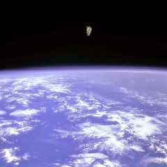 During his historic untethered EVA with the Manned Maneuvering Unit (MMU) on 7 February 1984, Bruce McCandless ventured as far as 300 feet (91 meters) from Challenger. Photo Credit: NASA