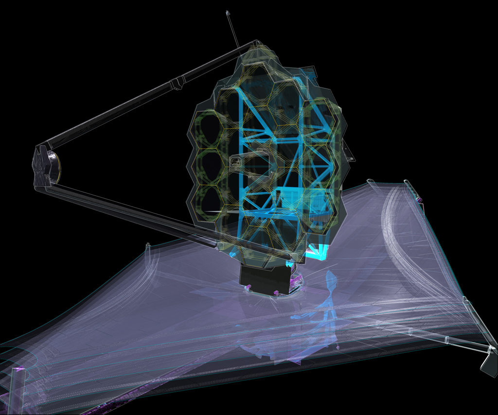 This x-ray diagram of NASA’s James Webb Space Telescope shows where the backplane support frame (BSF) is in relation to the whole observatory. The BSF is the backbone of the observatory, is the primary load carrying structure for launch, and holds the science instruments. Photo Credit: Northrop Grumman 