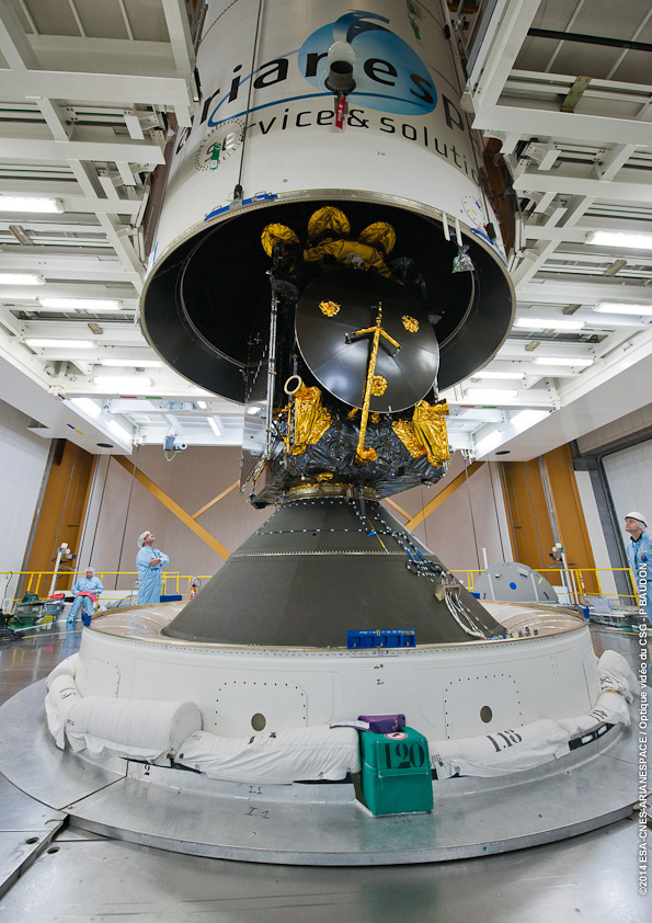 Technicians position the ABS-2 satellite atop the SYLDA, preparatory to installing the payload shroud. Photo Credit: Arianespace