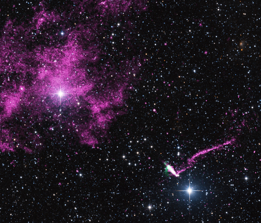 An extraordinary jet trailing behind a runaway pulsar is seen in this composite image that contains data from Chandra (purple), radio data from the ACTA (green), and optical data from the 2MASS survey (red, green, and blue). The pulsar – a spinning neutron star – and its tail are found in the lower right of this image. The tail stretches for 37 light years , making it the longest jet ever seen from an object in the Milky Way galaxy. Image and Caption Credit: NASA/CXC/ISDC